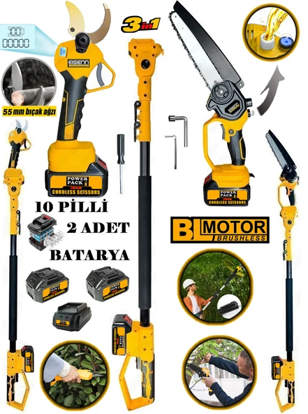 Eisenn G-3650 3.2 Mt Teleskopik 55 MM Dijital Budama Makası +Otomatik Yağ Pompalı Zincirli Testere 2 Akülü