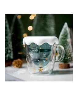Linanware Çift Camlı Cidarlı Cam Bardak, Yeni Yıl Çam Ağacı Tasarımlı Kapaklı Kupa 250ML DC154