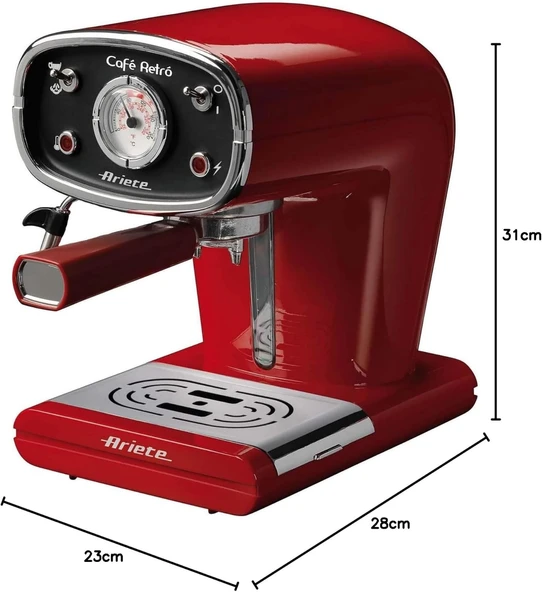 ARİETE Ceffe Retro Cappuccino/Espresso Makinesi Alüminyum Hazne Kırmızı 1388A 900W - 6