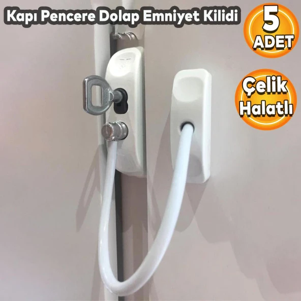 Pvc Pencere Emniyet Çocuk Güvenlik Kilidi Çelik Halatlı Beyaz Kilit (5 ADET)