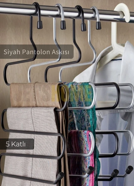 Pantolon Askısı Paslanmaz Askı 5 Katlı Dolap İçi Askılık Mat Metal Siyah - 2