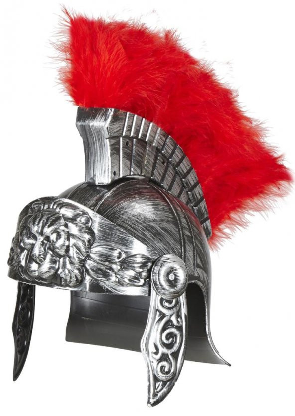 Parti Kostüm Gümüş Renk Kırmızı Tüylü Romalı Savaşçı Gladyatör Bizans Miğferi