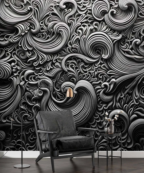 3 Boyutlu Siyah Motifli Duvar Kağıdı - Resim 6