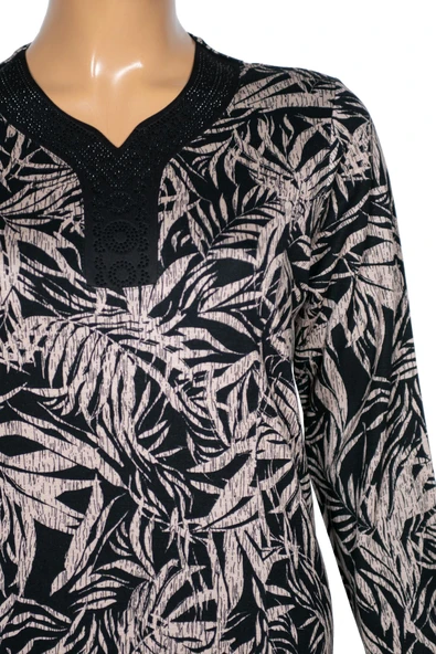 Hesna Kadın Demet Kuplu Boydan Yaprak Desen Siyah Elbise D66 - 2