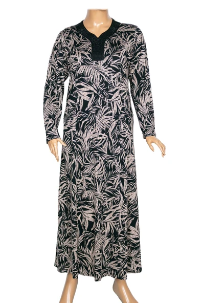 Hesna Kadın Demet Kuplu Boydan Yaprak Desen Siyah Elbise D66