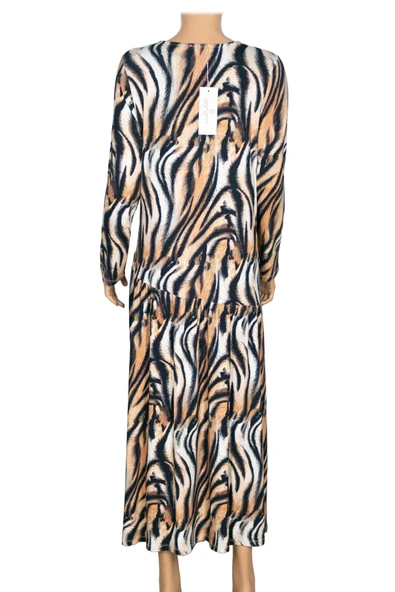 Barem Kadın Funda Baseni Verev Büzgülü Kaplan Desen Siyah Elbise - 4