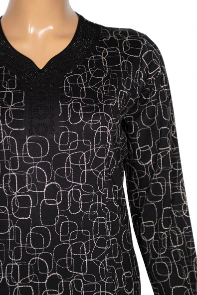 Hesna Kadın Demet Kuplu Boydan Geometrik Desen Siyah Elbise - 2