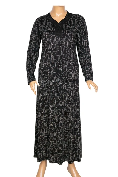 Hesna Kadın Demet Kuplu Boydan Geometrik Desen Siyah Elbise