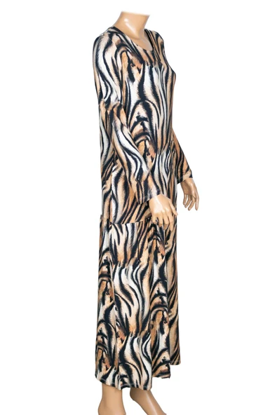 Barem Kadın Funda Baseni Verev Büzgülü Kaplan Desen Siyah Elbise - 3