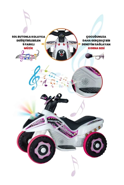 UJ TOYS Müzikli Ve Led Işıklı Safari Akülü Atv 6v-beyaz Prenses - 5