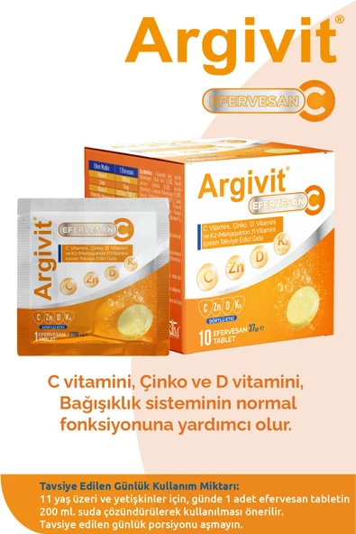 Argivit C Vitamini, Çinko, D Vitamini Ve K2 (menaquinon 7) Vitamini Içeren Takviye Edici Gıda