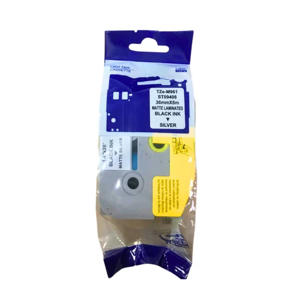 Brother TZe-M961 36mmX8m Mat Gümüş Etikete Siyah Muadil Etiket (Laminasyon Şerit)