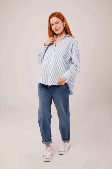Çizgili Rahat Kesim Mavi Gömlek - 2
