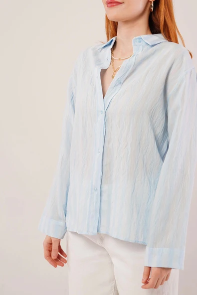 Düğmeli Ve Çizgi Detaylı Bebe Mavisi Gömlek - Resim 4