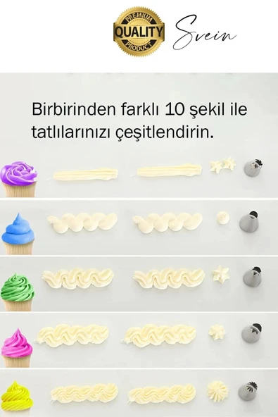 Uzun Ömürlü 10 Parça Paslanmaz Çelik Pasta Krema Sıkma Aparatı Seti Kesesi Torbası Dekoratif Süsleme - 4
