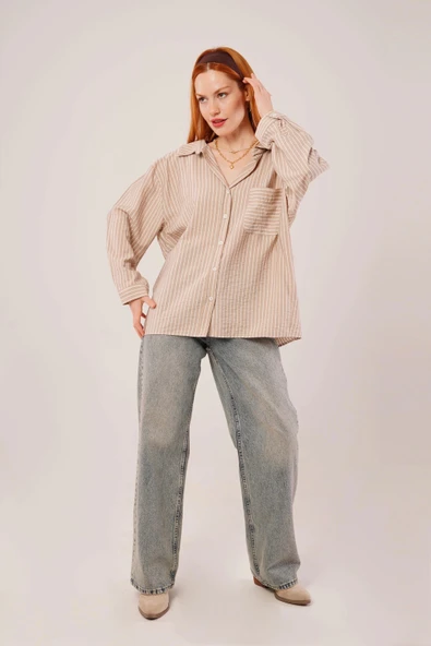 Çizgi Detaylı Cepli Camel Gömlek - Resim 2