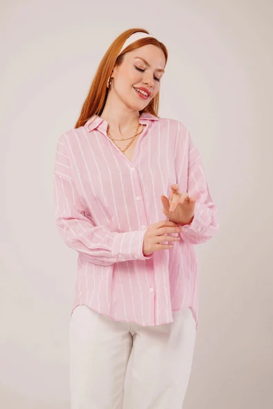 Kol Düğmeli Çizgili Pembe Gömlek - Resim 2