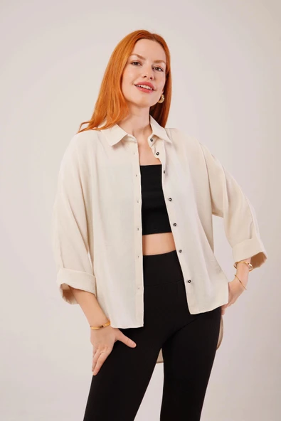 Kol Katlama Detaylı Bej Gömlek - 3