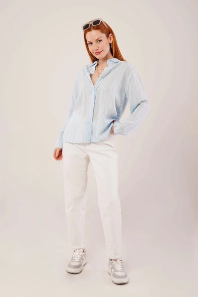 Düğmeli Ve Çizgi Detaylı Bebe Mavisi Gömlek - Resim 2