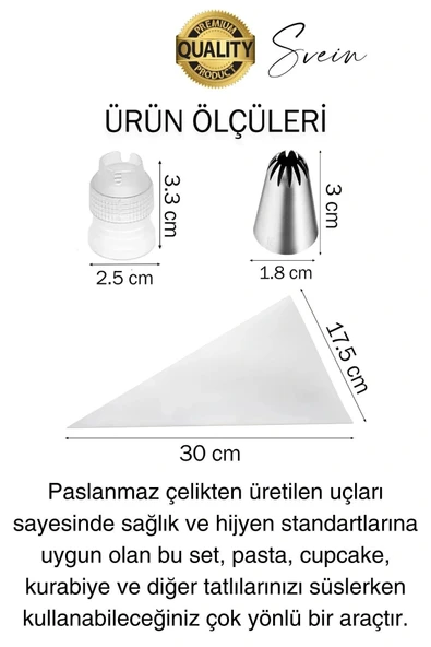 Uzun Ömürlü 10 Parça Paslanmaz Çelik Pasta Krema Sıkma Aparatı Seti Kesesi Torbası Dekoratif Süsleme - 2