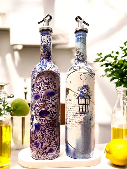 Mavi-beyaz Renkli Seramik ve Porselen Motifli Vintage Yağdanlık Set, Sosluk, Sirkelik - 8