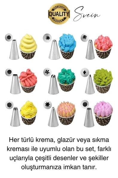 Uzun Ömürlü 10 Parça Paslanmaz Çelik Pasta Krema Sıkma Aparatı Seti Kesesi Torbası Dekoratif Süsleme - 3