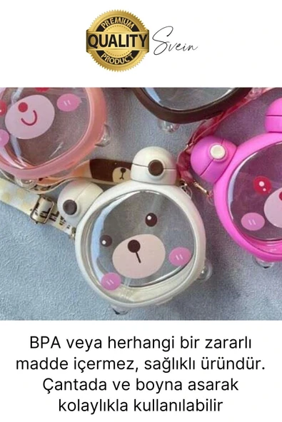 Sevimli Ayıcıklı Çocuk Suluğu Çift Kapaklı Pipetli Boyun Askılı Su Matarası Şişesi Beyaz Sticker - 5