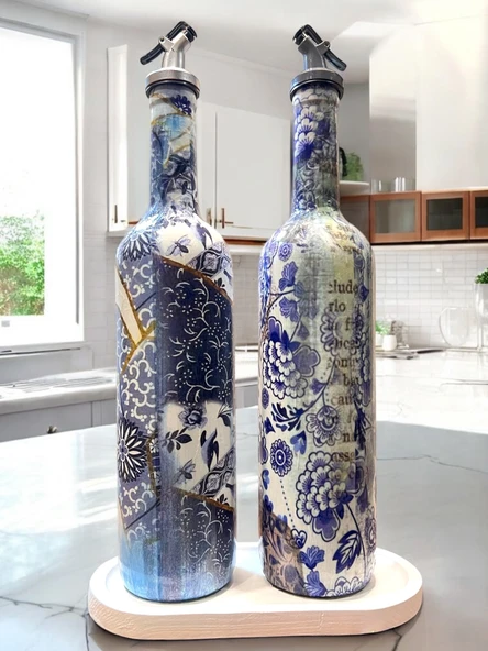 Mavi-beyaz Renkli Seramik ve Porselen Motifli Vintage Yağdanlık Set, Sosluk, Sirkelik - 6