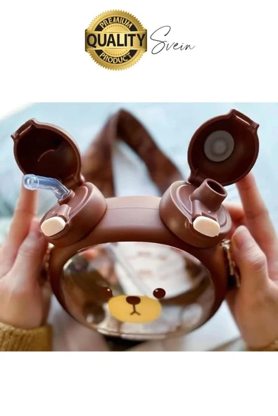 Sevimli Ayıcıklı Çocuk Suluğu Çift Kapaklı Pipetli Boyun Askılı Su Matarası Şişesi Beyaz Sticker - 6