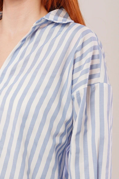 Çizgili Rahat Kesim Mavi Gömlek - 4