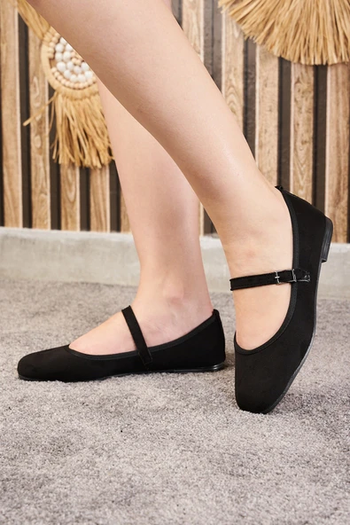 Günlük Siyah Kadın Babet Oval Burun İnce Bant Tokalı Kemer Ortopedik Ev İş Ofis Hafif Ayakkabı M-506 - 7