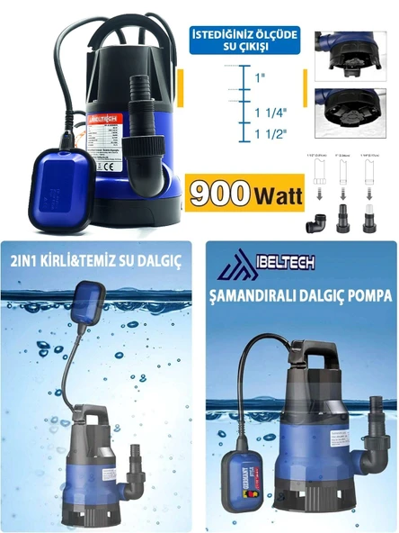 2in1 Kombine Dalgıç Pompa QSB900 İbeltech 900W Plastik Gövdeli Kirli ve Temiz Su Dalgıç Pompası