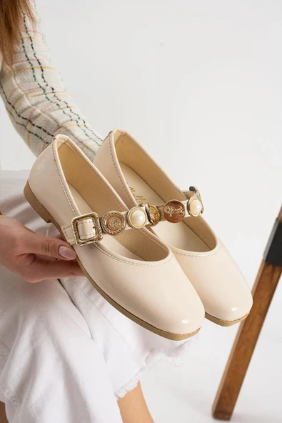 Günlük Kadın Babet Siyah Rugan Altın Para İnci Toka Ses Yapmaz Ortopedik Hafif Rahat Ayakkabı 110 - 2