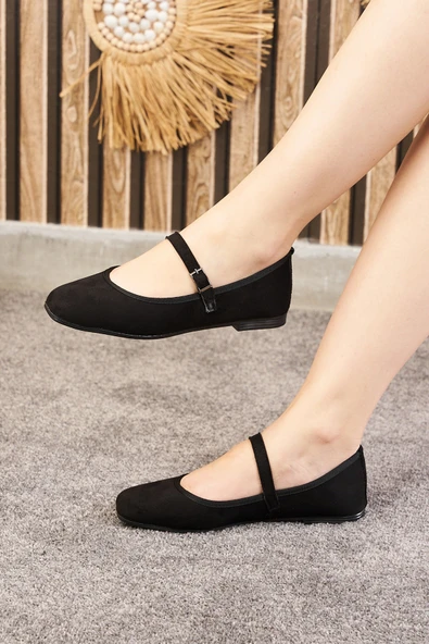 Günlük Siyah Kadın Babet Oval Burun İnce Bant Tokalı Kemer Ortopedik Ev İş Ofis Hafif Ayakkabı M-506 - 5