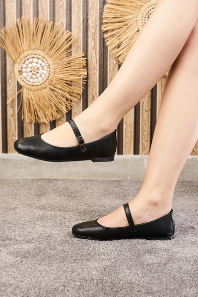 Günlük Siyah Kadın Babet Oval Burun İnce Bant Tokalı Kemer Ortopedik Ev İş Ofis Hafif Ayakkabı M-506 - 2