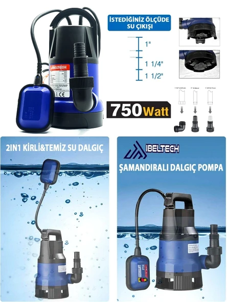 2in1 Kombine Dalgıç Pompa QSB750 İbeltech 750W Plastik Gövdeli Kirli ve Temiz Su Dalgıç Pompası - 2