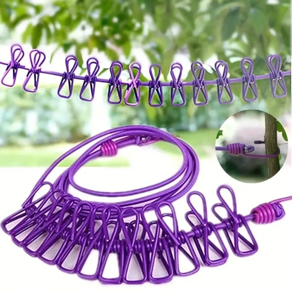 heyf HEYF® Taşınabilir Seyahat Çamaşır İpi 12 Mandallı Klipsli Lastikli Çamaşır Mandalları