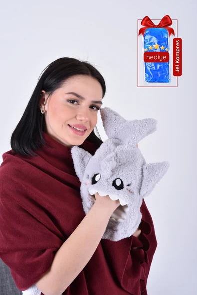 Shark Desenli Gri Su Torbası Kılıfı Yumuşak, Rahatlatıcı ve Isı Terapisi (Termojel Hediyeli) ürün görseli 1