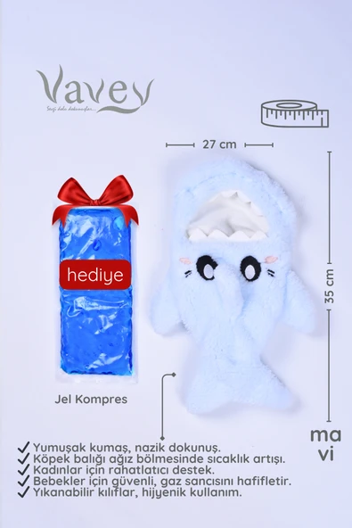 Shark Desenli Mavi Su Torbası Kılıfı Yumuşak, Rahatlatıcı ve Isı Terapisi (Termojel Hediyeli) - 4