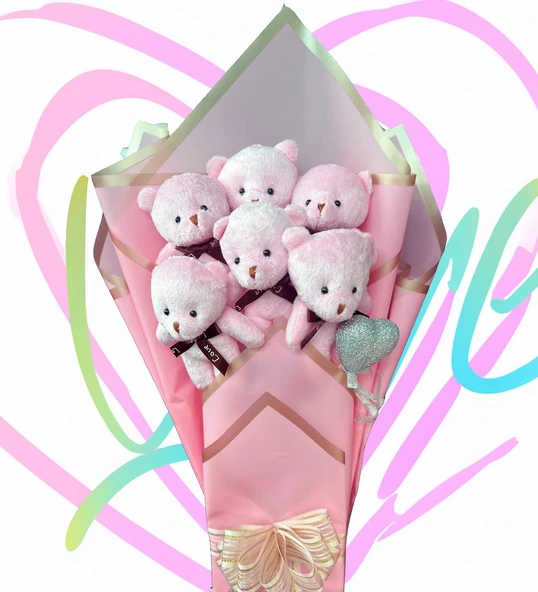 Sole Sevgiliye Özel Pembe Konsept Romantik Peluş Ayıcık Buketi - 4
