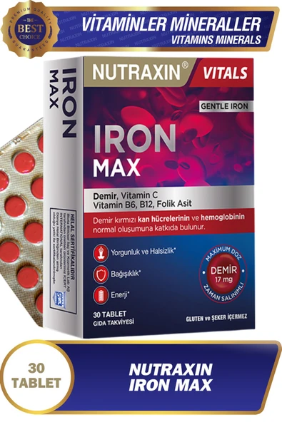 NUTRAXİN Iron Max 30 Adet Tablet - (Demir, Vitamin C, B6, Folik Asit, B12)
