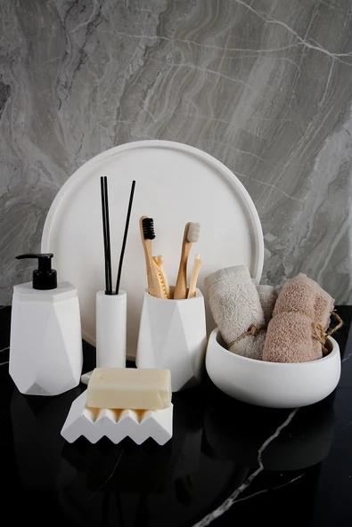6 Parça Mermer Desenli Beton Banyo Seti Katı Sıvı Sabunluk Diş Fırçalığı Havluluk Tütsülük Tepsi