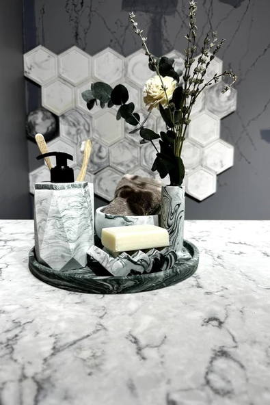 6 Parça Mermer Desenli Beton Banyo Seti Katı Sıvı Sabunluk Diş Fırçalığı Havluluk Tütsülük Tepsi - 2