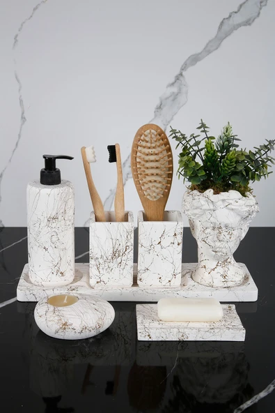 7 Parça Beton Banyo Seti Helen Yapay Çiçekli Saksı Katı Sıvı Sabunluk Diş Fırçalık Tütsülük Mumluk