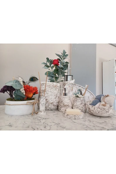 10 Parça Mermer Desenli Beton Banyo Seti Katı Sıvı Sabun Çöp Kovası Tuvalet Fırçası Tepsi Tütsülük - 3