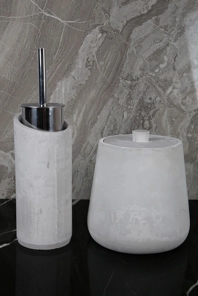 11 Parça Mermer Desenli Beton Banyo Seti Katı Sıvı Sabunluk Diş Fırçalık Çöp Kovası Mumluk Tepsi - 3