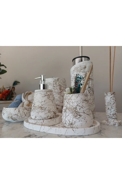 10 Parça Mermer Desenli Beton Banyo Seti Katı Sıvı Sabun Çöp Kovası Tuvalet Fırçası Tepsi Tütsülük - 7