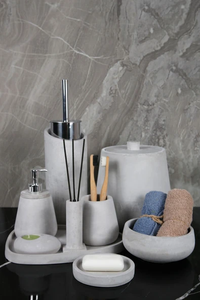 11 Parça Mermer Desenli Beton Banyo Seti Katı Sıvı Sabunluk Diş Fırçalık Çöp Kovası Mumluk Tepsi - 1