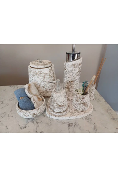 10 Parça Mermer Desenli Beton Banyo Seti Katı Sıvı Sabun Çöp Kovası Tuvalet Fırçası Tepsi Tütsülük - 6