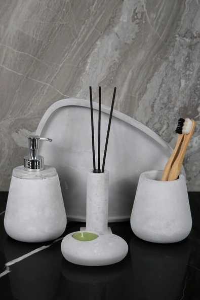 11 Parça Mermer Desenli Beton Banyo Seti Katı Sıvı Sabunluk Diş Fırçalık Çöp Kovası Mumluk Tepsi - 2